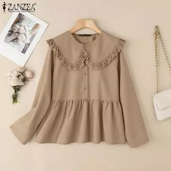 ZANZEA Womens Casual Patchwork Doll Collar Loose Long Sleeve Blouse S белый