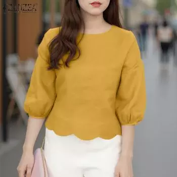 ZANZEA Womens Casual Round Neck 3/4 Sleeve Solid Color Loose Blouse 5XL жёлтый