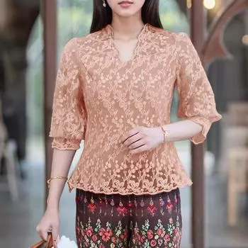 ZANZEA Womens Casual See-Through Embroidery Lace Patchwork Half Sleeve Blouse S розовый