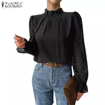 ZANZEA Womens Casual Stand Collar Patchwork Long Sleeve Blouse S чёрный