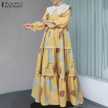 ZANZEA Womens Lace Patchwork Crew Neck Long Sleeve Print Long Dress S жёлтый