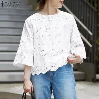 ZANZEA Womens Summer Hollow Embroidery Patchwork Loose 3/4 Sleeve Blouse L