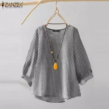 ZANZEA Женская корейская повседневная блузка с круглым вырезом и клетчатым принтом, рукав 3/4 S розовый