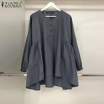 ZANZEA женская однотонная свободная блузка с круглым вырезом и складками, с длинными рукавами и полупланкой S белый