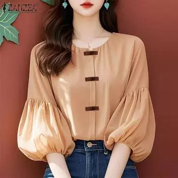 ZANZEA Женская повседневная блузка с круглым вырезом и рукавом 3/4 S хаки