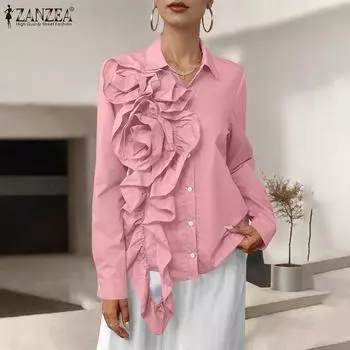 ZANZEA Женская повседневная блузка с отложным воротником и длинным рукавом с 3D-цветочным узором S белый