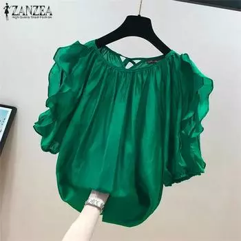 ZANZEA Женская повседневная плиссированная однотонная свободная блузка с круглым вырезом и полурукавами S чёрный