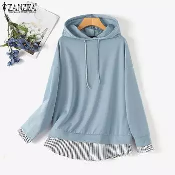ZANZEA Женская Повседневная полосатая лоскутная блузка с капюшоном и длинным рукавом