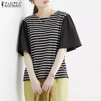 ZANZEA Женская повседневная полосатая лоскутная блузка с коротким рукавом и круглым вырезом