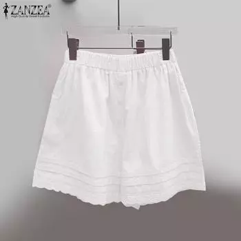 ZANZEA Женские летние повседневные свободные шорты с эластичной талией и кружевным лоскутным узором 3XL розовый