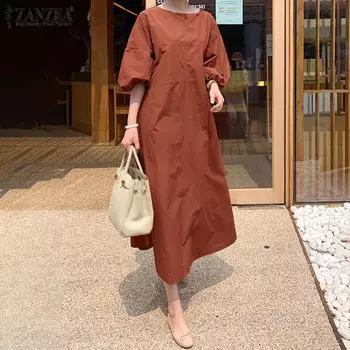 ZANZEA женское платье с круглым вырезом и рукавами 3/4, однотонное свободное летнее повседневное длинное платье 5XL бежевый