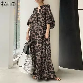 ZANZEA Женское платье с круглым вырезом и рукавами 3/4, весенне-летнее модное длинное платье с леопардовым принтом S хаки