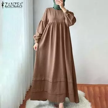 ZANZEA Женское повседневное длинное платье с длинным рукавом и круглым вырезом