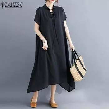 ZANZEA Женское повседневное летнее длинное платье с коротким рукавом