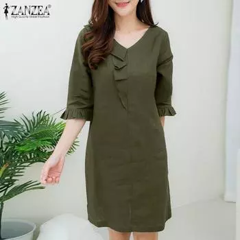 ZANZEA Женское повседневное однотонное платье с v-образным вырезом и коротким рукавом
