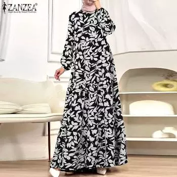 ZANZEA Женское повседневное свободное длинное платье с круглым вырезом и длинным рукавом S чёрный