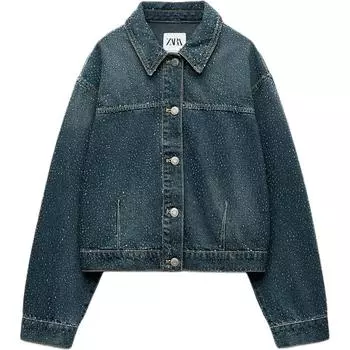 Zara Однобортная джинсовая куртка с длинным рукавом и воротником из страз, женские куртки синего цвета 8197267-400 S