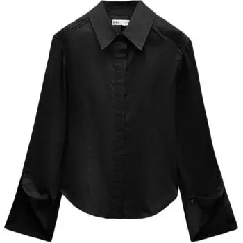 Zara Серия Хэллоуин Ограниченный выпуск Воротник на пуговицах Однотонная рубашка с длинным рукавом Женские рубашки Черный 9559261-800 M