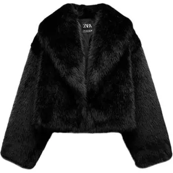 Zara Удобное флисовое пальто с воротником и длинным рукавом, женская верхняя одежда, цвет черный 6318247-800 XXL