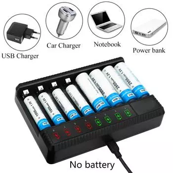 Зарядное устройство для 8 аккумуляторов AA AAA с входом USB C, быстрая зарядка, независимый слот для зарядки с ЖК-дисплеем