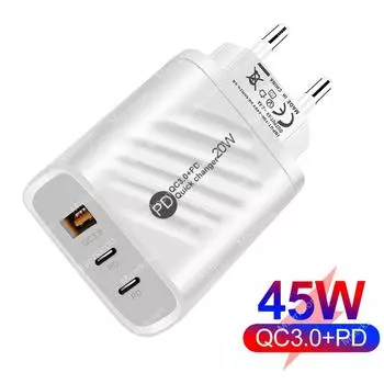 Зарядное устройство PD 45 Вт USB C Зарядное устройство для быстрой зарядки типа C Quick Charge 3.0 для Iphone 14 Pro Xiaomi Samsung Зарядные устройства для мобильных телефонов EU Plug белый