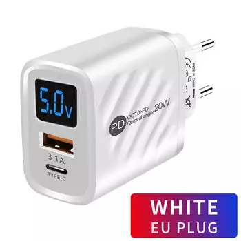 Зарядное устройство USB PD, 20 Вт, быстрая зарядка, адаптер для зарядки телефона с цифровым дисплеем, тип C для iPhone, Samsung, Xiaomi, Huawei, настенное зарядное устройство USB C EU plug белый