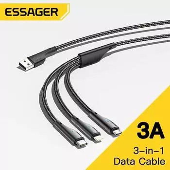 Зарядный кабель Essager «3-в-1» длиной 1,2 м для Android/Type-C/телефона с передачей данных.47,24 дюйма/3,94 фута