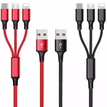 Зарядный кабель Multi USB 3A, 3 в 1, разъем для быстрой зарядки с двумя адаптерами для телефона/Type C/Micro USB, совместимый с планшетами и телефонами чёрный