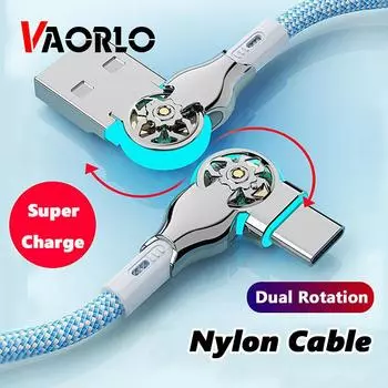 Зарядный кабель VAORLO с вращением на 180°, зарядный кабель Super Charger с двумя портами USB на Type-C, вращение для Xiaomi Huawei, нейлоновая линия Super Charge синий