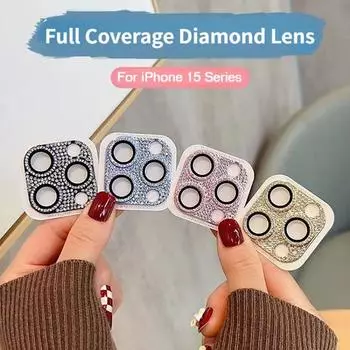 Защитная пленка для камеры для iPhone 15 Pro Max / 15 Plus, блестящие стразы, металлическое защитное кольцо для объектива камеры iPhone 15 розовый