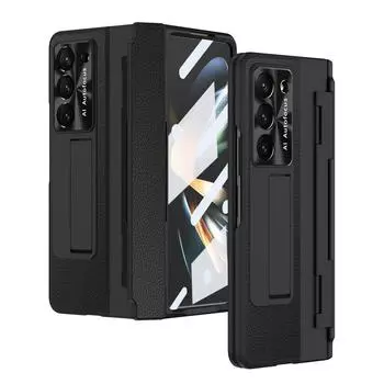 Защитный чехол с кожаным кронштейном и плоскими петлями для Samsung Galaxy Z Fold 5 4 3 с передней стеклянной пленкой Fold5 Защитная крышка For Galaxy Z Fold 3 чёрный