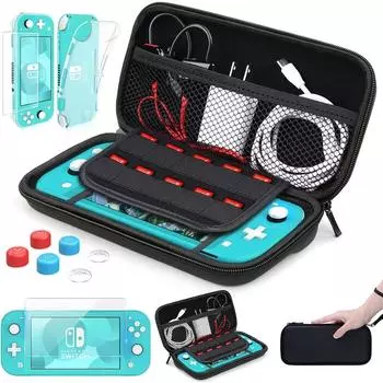Защитный чехол Switch Lite с 10 отделениями для игровых карт, защитой экрана из закаленного стекла и 6 аксессуарами для чехлов для большого пальца