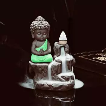 Зеленый держатель для благовоний из полирезины Smoke Buddha Cone с 10 декоративными конусами - 8 см (Полирезин, зеленый)