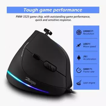 Zelotes C-18 Вертикальная проводная игровая мышь 11 программируемых кнопок Регулируемый лазерный двигатель 10000 точек на дюйм Ремень с подсветкой RGB 128 КБ встроенной памяти чёрный
