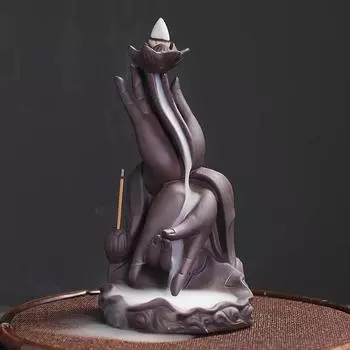 Zen Creative Lotus Buddha Hand Handmade Purple Clay Backflow Incense Burner Incense Stick Holder for Home Ornament Tea Pet