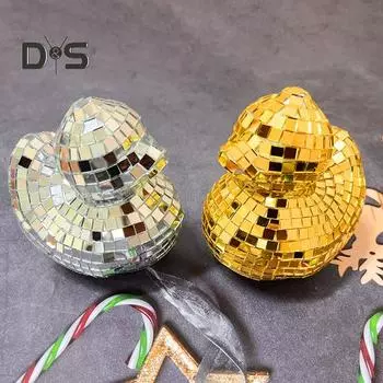 Зеркало Диско Плитка Фигурка Утки Маленькая Утка Статуя Скульптура животного Домашний офис Книжная полка Украшение рабочего стола Орнамент Рождественский подарок серебряный