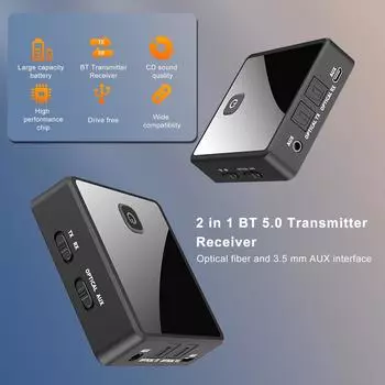 ZF-380 2 в 1 Bluetooth 5.0 Передатчик Приемник ТВ Динамик 3,5 мм AUX Оптический адаптер Аудио Музыка чёрный