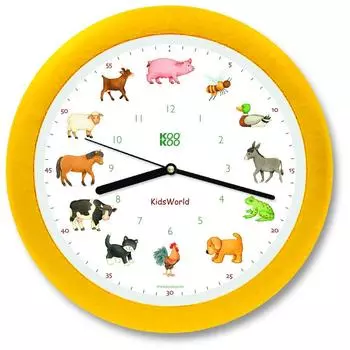 Желтые настенные часы KOOKOO Kids World с голосами животных. 12 разных животных на ферме, которые говорят время. Милые настенные часы. Идеально подходят для успокаивающих комнат. жёлтый