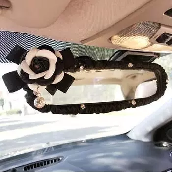 Жемчужный цветок камелии с цветком салона автомобиля, чехол для зеркала заднего вида из искусственной кожи, авто украшения заднего вида, аксессуары для женщин и черный белый