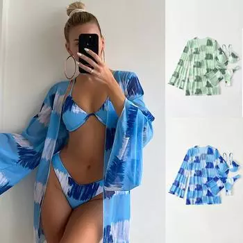 Женщины 3 шт. бикини сексуальный купальный костюм с высокой талией пляжные купальники пуш-ап женский летний купальник S синий