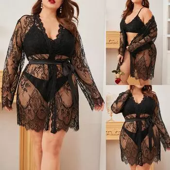 Женщины кружево сексуальное женское белье пижамы сорочка Babydoll халат халат L чёрный
