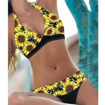 Женщины Push Up High Cut V шеи Две части бикини Купальники Купальник Пляжная одежда L жёлтый