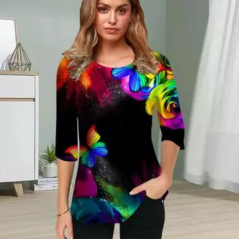Женская блузка с принтом 3D Dreamy Butterfly Flower с коротким рукавом, летние повседневные топы с круглым вырезом и коротким рукавом, футболка с коротким рукавом XS чёрный