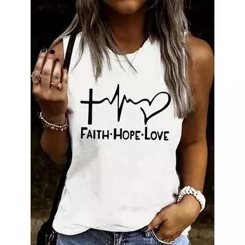 Женская футболка без рукавов с принтом FAITH HOPE LOVE, белая S