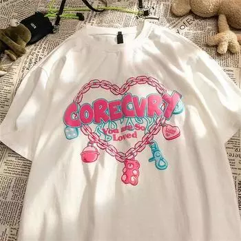 Женская футболка Harajuku Oversize Chain Love Print Graffiti Футболка с короткими рукавами Tide Street Hip-Hop Loose Streetwear S