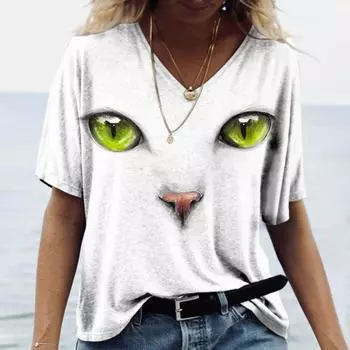 Женская футболка Kawaii Cat Print 3d футболка Топ Модные футболки с короткими рукавами Y2k с v-образным вырезом Женская одежда Летние футболки больших размеров XXS