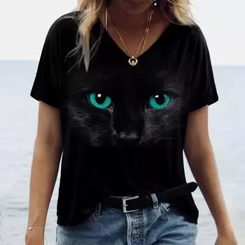 Женская футболка Kawaii Cat Print 3d футболка Топ Модные футболки с короткими рукавами Y2k с v-образным вырезом Женская одежда Летние футболки больших размеров S