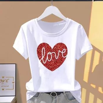 Женская футболка с азиатским размером и принтом Love Heart Sweet Trend, милая женская футболка, повседневная женская летняя футболка, модная футболка с коротким рукавом и рисунком S