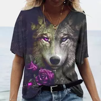 Женская футболка с принтом 3D Wolf Flower, повседневная свободная женская футболка Harajuku с коротким рукавом 1XL
