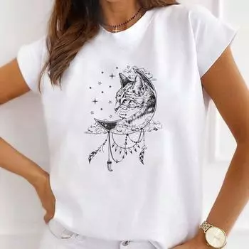 Женская футболка с принтом 90-х годов Sweet Lovely Cat Pet Повседневный трендовый стиль Модная футболка Женская женская футболка с коротким рукавом Футболка с рисунком